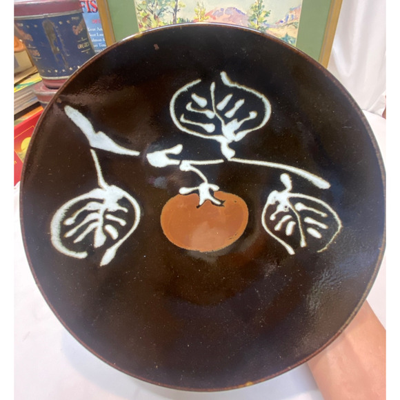 japan persimmon plate brown mid century ceramic stoneware 9.75" - Picture 1 of 7